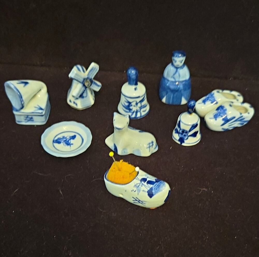 Vintage Blue White Miniature Porcelain Figurine Lot Windmill Clogs Enesco